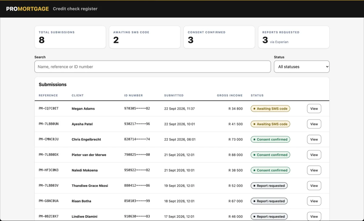 Credit check system on a laptop: the register of client consents and credit reports