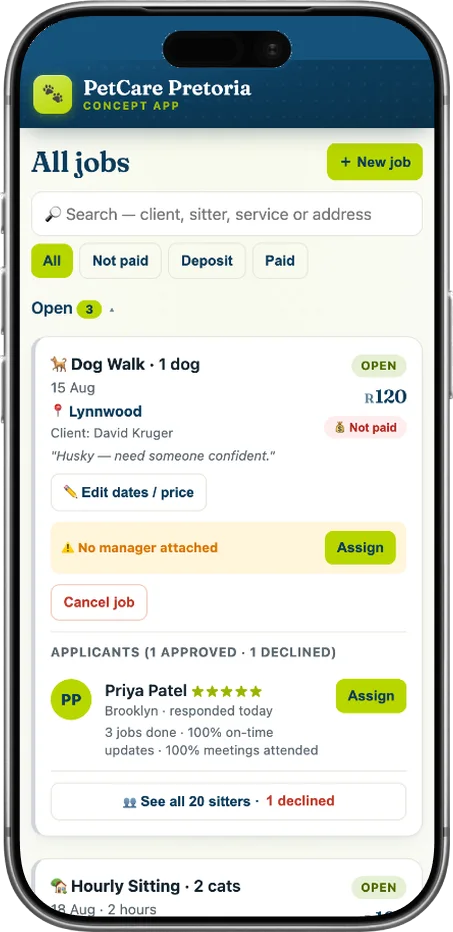 Pet sitting system on a phone: the jobs list with applicants